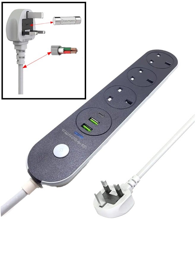 Power Strips Extension Cord,3 Sockets Universal Plug Adapter with 5Meter Bold Extension Cable With 2USB Ports And 1PD Type-C,Power Extension Board,Extension Cable,Extension Socket For Home,Office,Ki